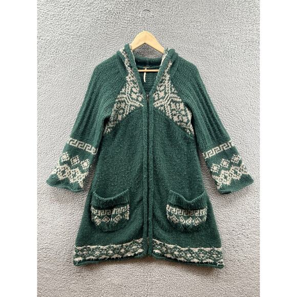Free People Long Green Knit Zip Sweater Women’s Size Medium - Picture 1 of 3